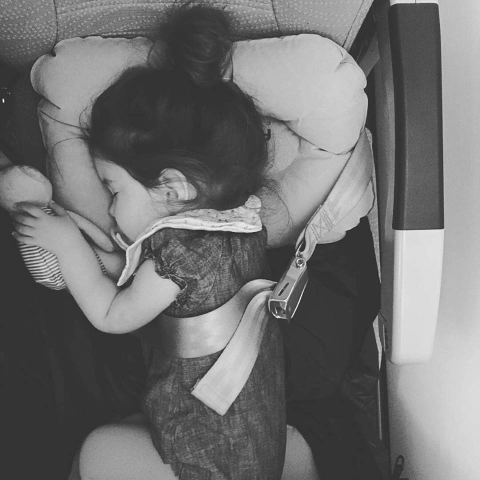 "17hr + 7hr flights...We had a cute and quiet little sleeping beauty" @travel, Emirates